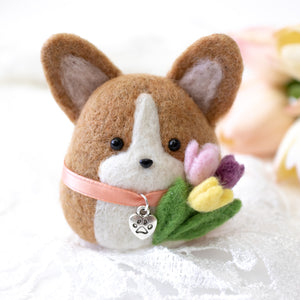 Spring Corgi holding Tulips