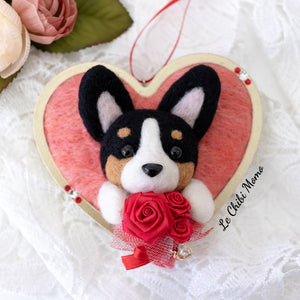 Valentine Black Corgi holding Roses Heart Ornament