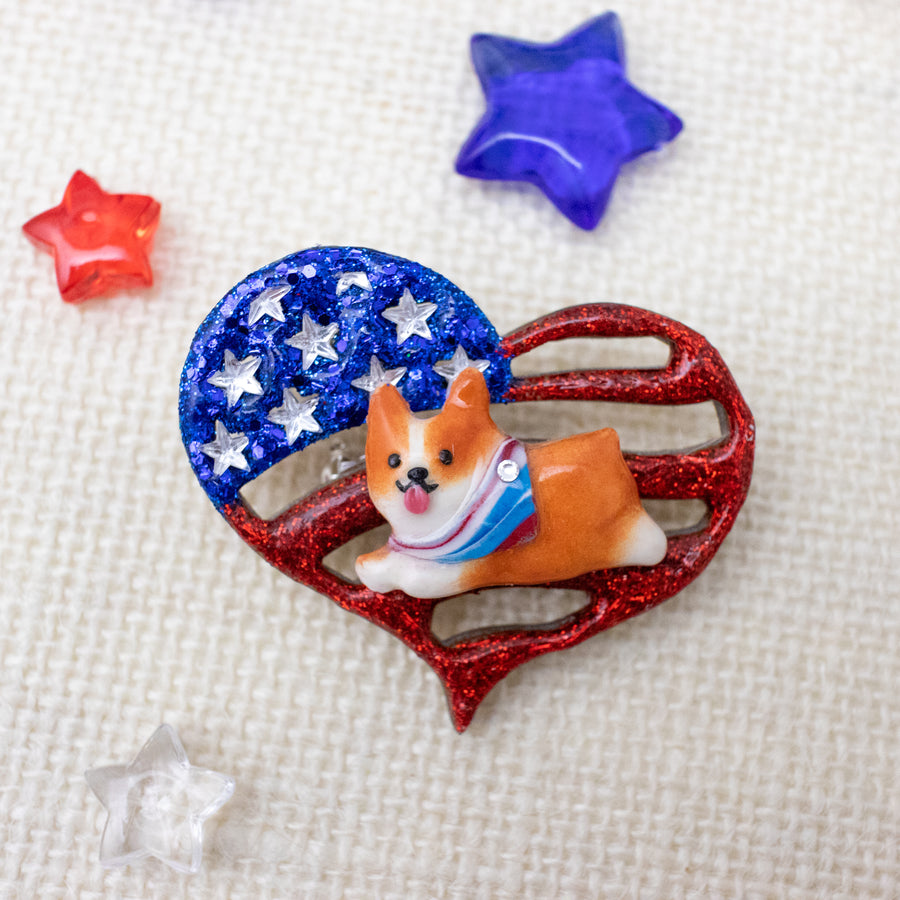 Pawtriotic Frappy Corgi Heart-shaped USA Flag Brooch
