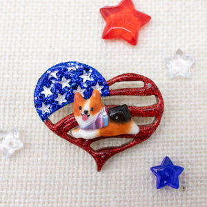 Pawtriotic Frappy Corgi Heart-shaped USA Flag Brooches