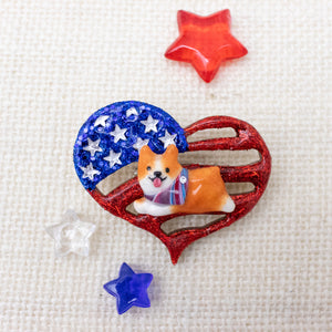 Pawtriotic Frappy Red Corgi Heart-shaped USA Flag Brooch
