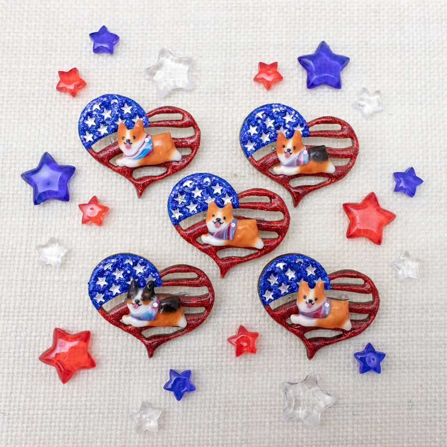 Pawtriotic Frappy Sable Corgi Heart-shaped USA Flag Brooch