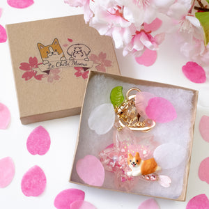 Rose Quartz Black Corgi Sakura Liquid Shaker Keychain