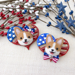 Pawtriotic Corgi Heart-shaped USA Flag Brooch