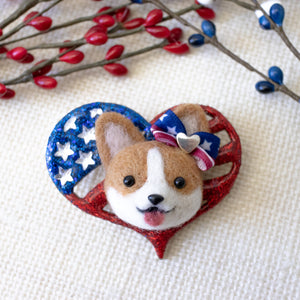 Pawtriotic Corgi Heart-shaped USA Flag Brooch