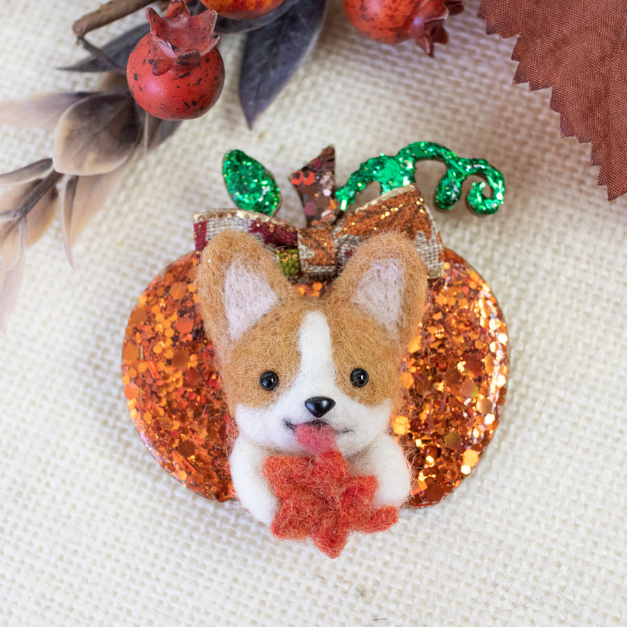 Fall Corgi with Maple Pumpkin Brooch