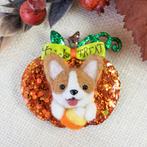 Fall Corgi with Candy Corn Pumpkin Brooch