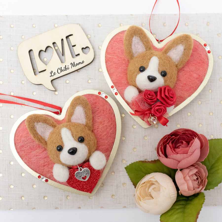 Valentine Corgi holding Roses Heart Ornament