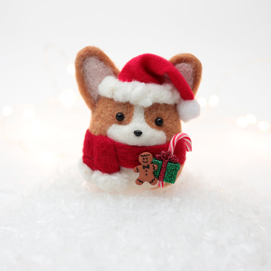 Red Santa Corgi with Gingerbread Man and Candy Cane Snow Globe