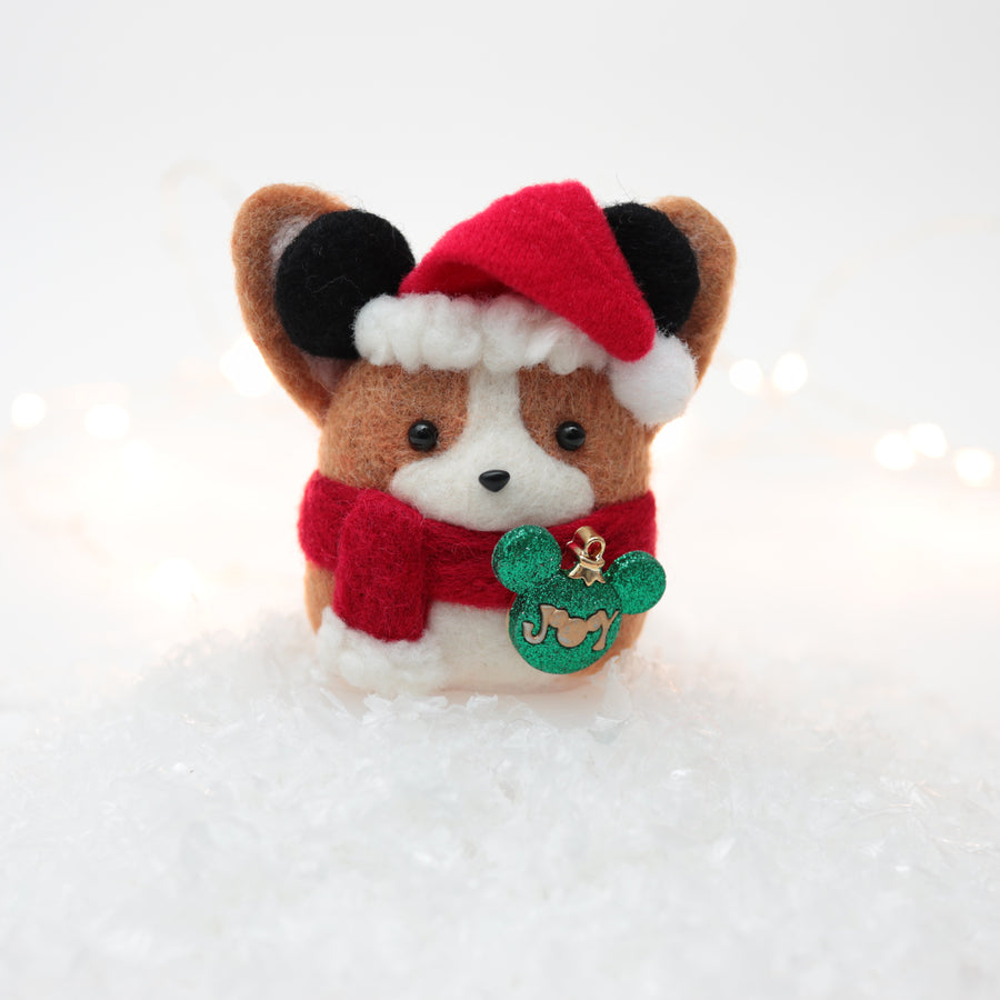 Santa Corgi with Mouse Ears and Joy Ornament Snow Globe