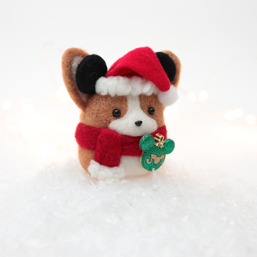 Santa Corgi with Mouse Ears and Joy Ornament Snow Globe