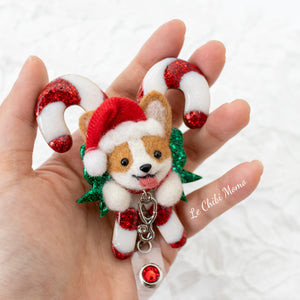 [PREORDER] Santa Corgi Large Candy Cane Brooch/ Magnet/ Badge Reel