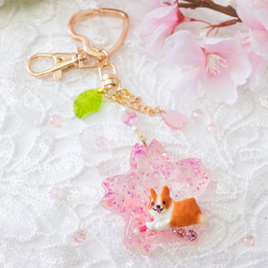 Crushed Shells Corgi Love Sakura Liquid Shaker Keychain