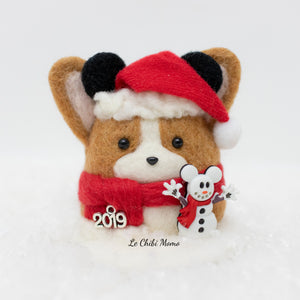 Santa Corgi with Mouse Ears and Mickey Snowman Snow Globe