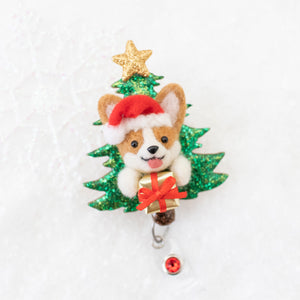 Santa Corgi Christmas Tree Badge Reel with Swarovski Crystal