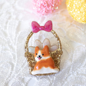 Easter Corgi  Basket Brooch - UV Color Changing White Eggs