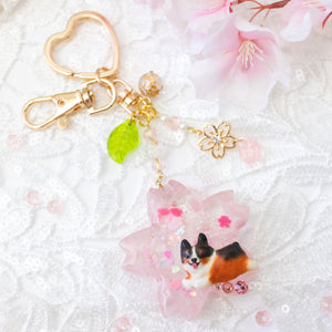 Rose Quartz Black Corgi Sakura Liquid Shaker Keychain