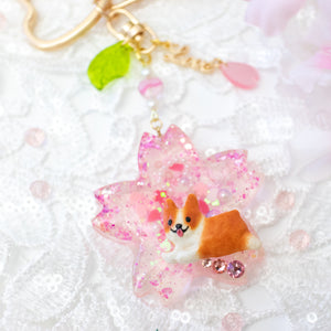 Crushed Shells Corgi Love Sakura Liquid Shaker Keychain