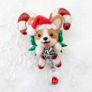 Santa Corgi  Small Candy Cane Badge Reel with Swarovski Crystal