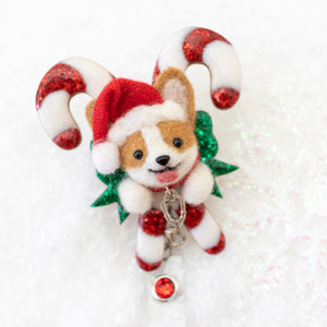 [PREORDER] Santa Corgi Large Candy Cane Brooch/ Magnet/ Badge Reel