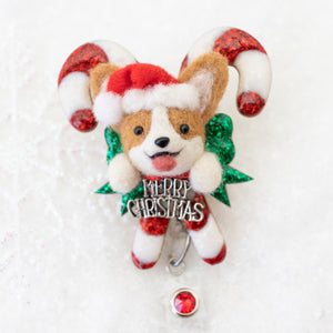 Santa Corgi Large Candy Cane Badge Reel with Swarovski Crystal