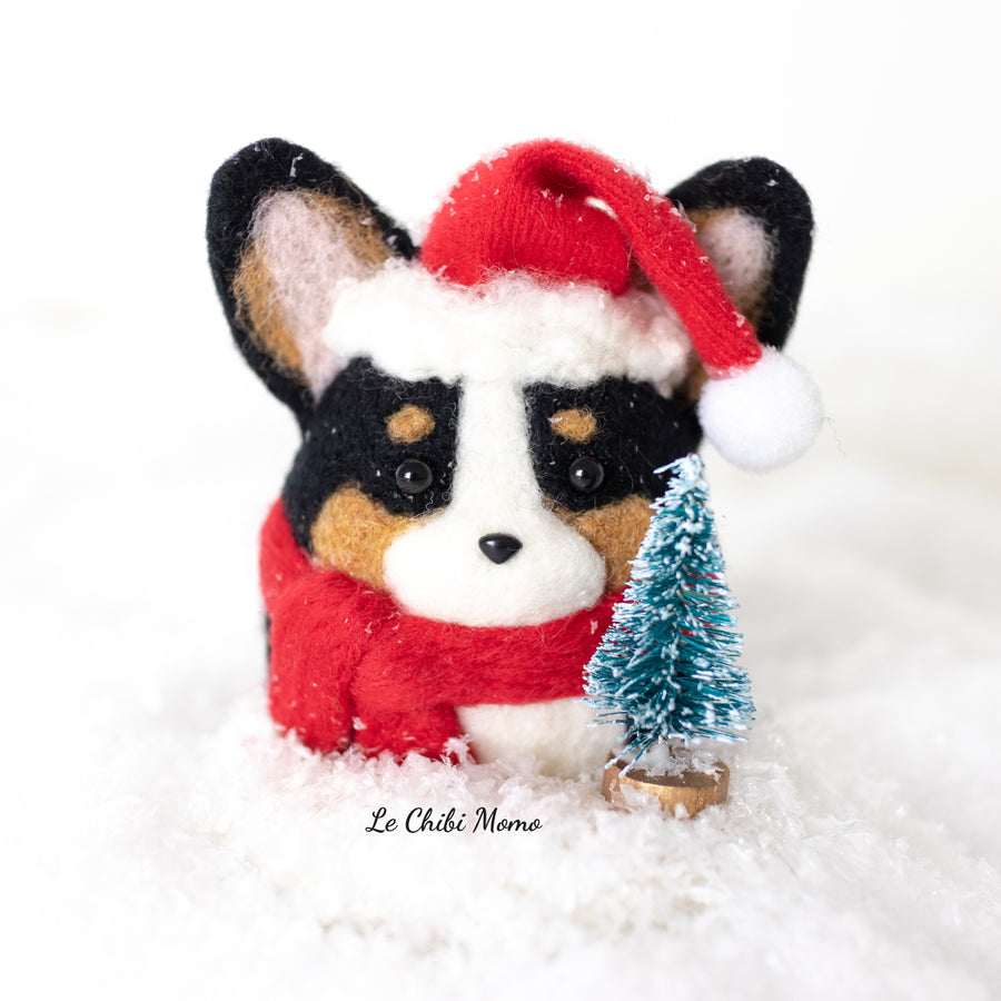 Santa Black Corgi with Tree Snow Globe