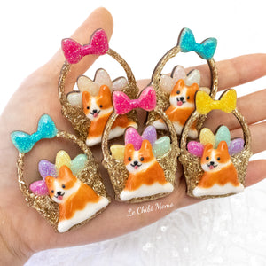 Easter Corgi  Basket Brooch - UV Color Changing White Eggs