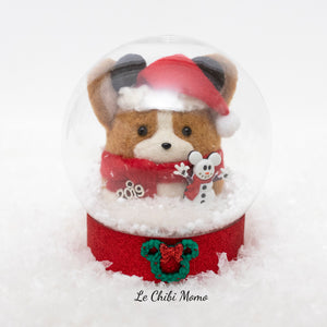 Santa Corgi with Mouse Ears and Mickey Snowman Snow Globe