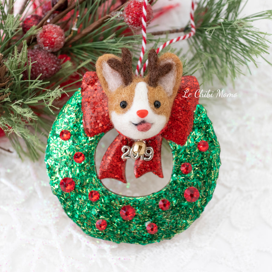 Corgi Rudolph on Wreath Ornament