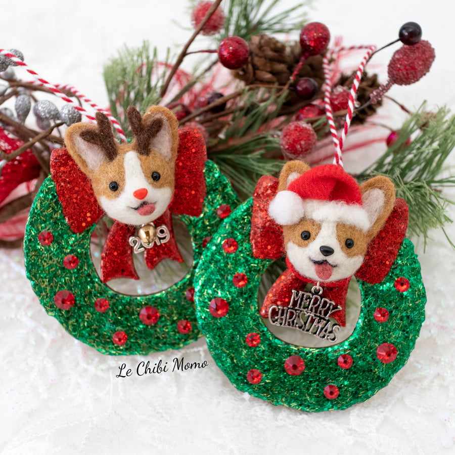 Santa and Rudolph Corgi Wreath Ornament