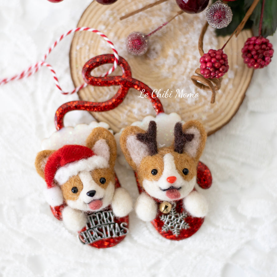 Santa and Rudolph Corgi  Mittens Ornament